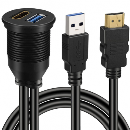 HDMI- og USB-kombikabel for panelmontering - 2m | Hann/kvinne HDMI-A og USB-A